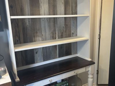 Rustic Farmhouse Wooden Kitchen Hutch with Shelves & Dark Wood Top
