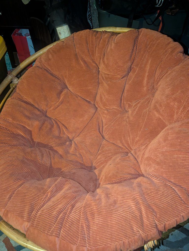 Rattan Papasan Chair with Rust Orange Corduroy Cushion