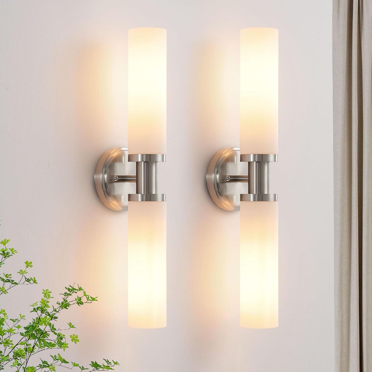 Set of Two Brushed Nickel Bathroom Wall Sconce Lights