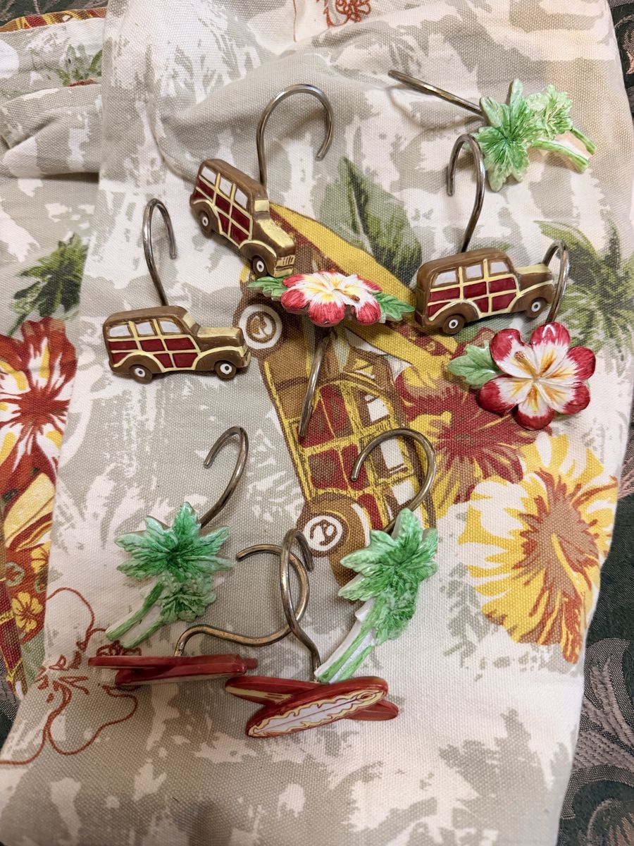 Tropical Woody Car Hibiscus Palm Tree Shower Curtain Hooks Rings (Set of 12)