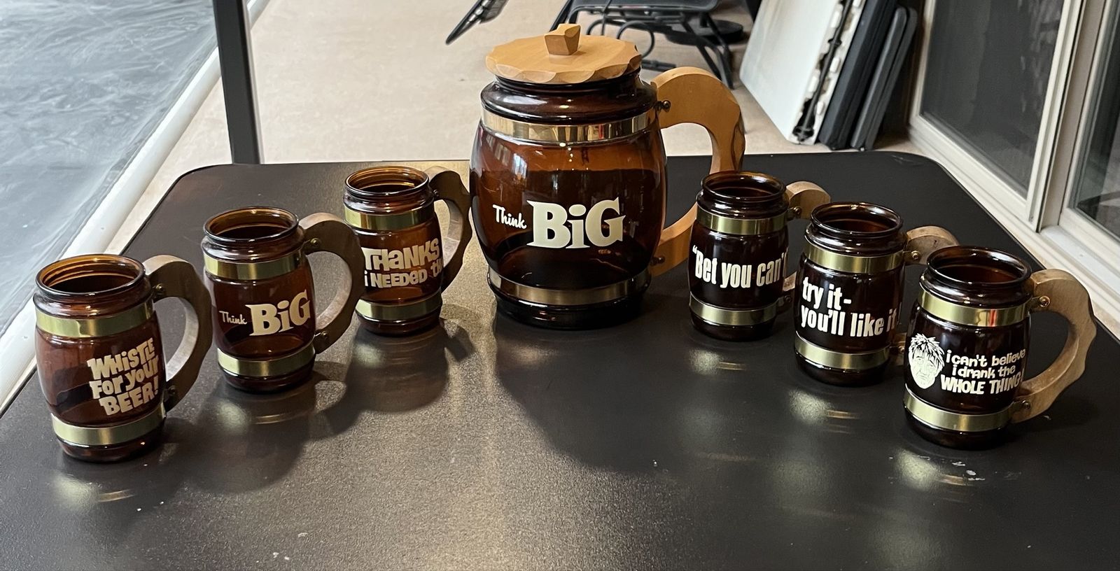 Vintage "Think Big" Amber Glass Beer Stein & Mugs Set - Wood Handles, Brass Bands, Funny Sayings