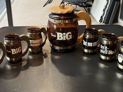 Vintage "Think Big" Amber Glass Beer Stein & Mugs Set - Wood Handles, Brass Bands, Funny Sayings