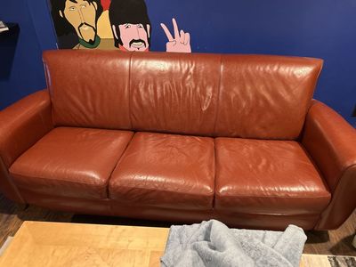 Red-Brown Leather Couch Sofa, 3-Seater, Classic Design, Comfortable Living Room Furniture