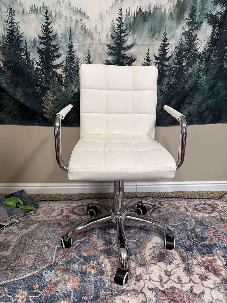 White Faux Leather Tufted Office Chair with Chrome Base