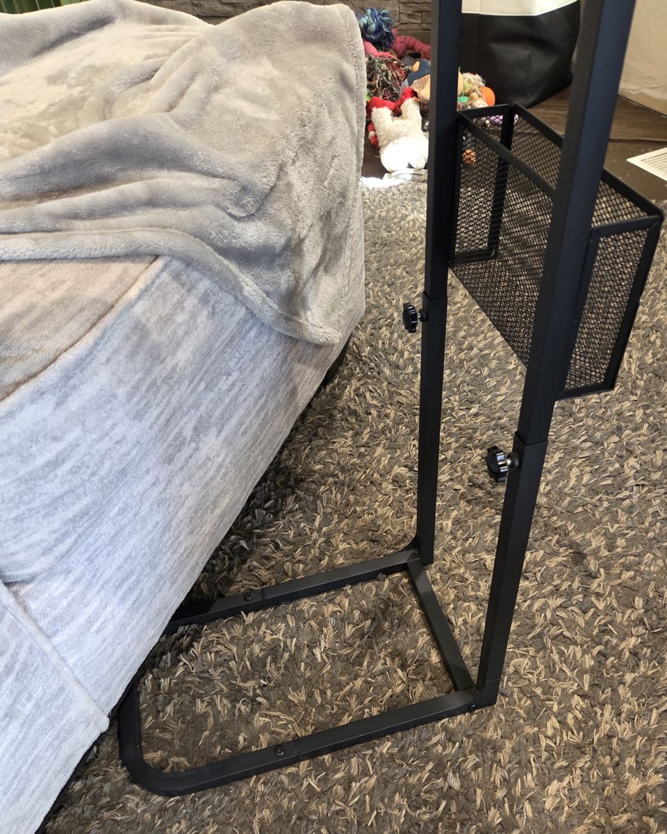 Adjustable C-Shaped Sofa Side Table w/ Tablet Slot & Storage Basket