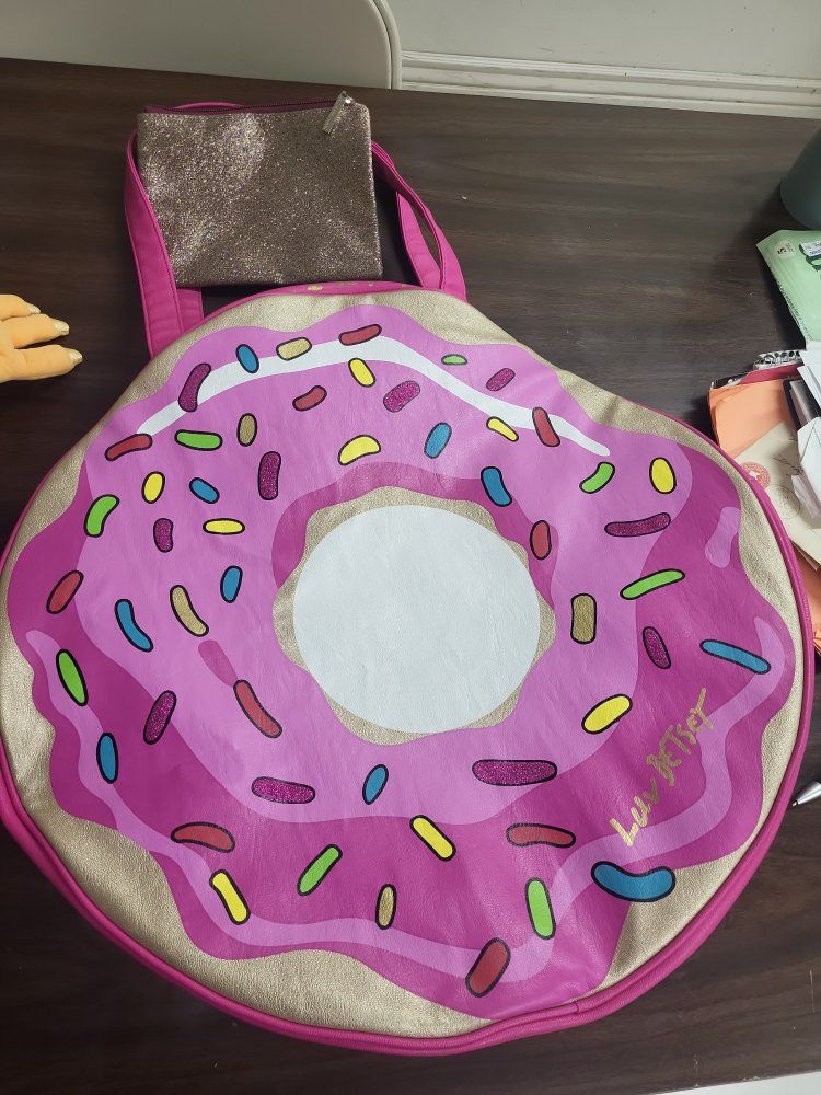Luv Betsey Donut Tote Bag with Matching Pouch Pink Gold Glitter