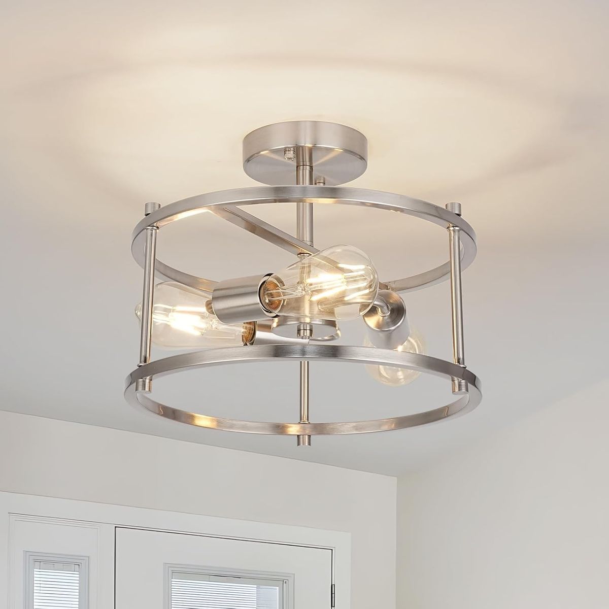 Semi Flush Mount 3-Light Modern Brushed Nickel Metal Cage Ceiling Lights