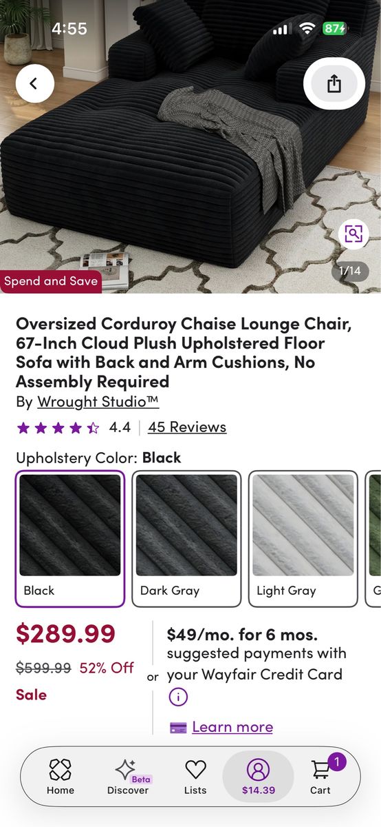 Wrought Studio Oversized Corduroy Chaise Lounge Chair, 67-inch Cloud Plush Upholstered Floor Sofa, Black