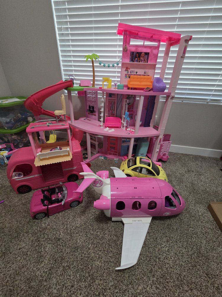 dollhouse with furniture, 2 campers, plane, 2 cars