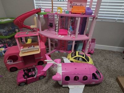 dollhouse with furniture, 2 campers, plane, 2 cars