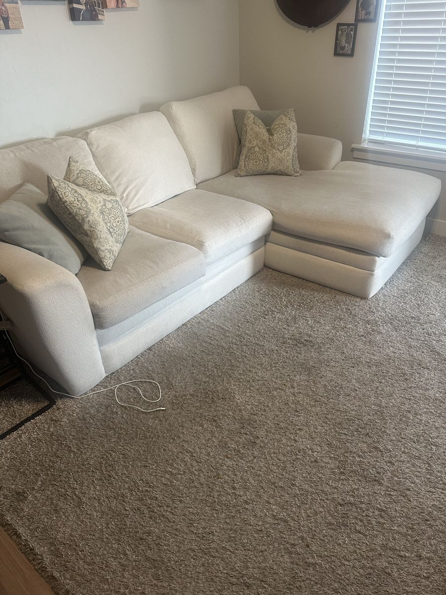 Down/Duck Feather 100" Cream Loveseat Sofa with Chaise, Excellent Condition