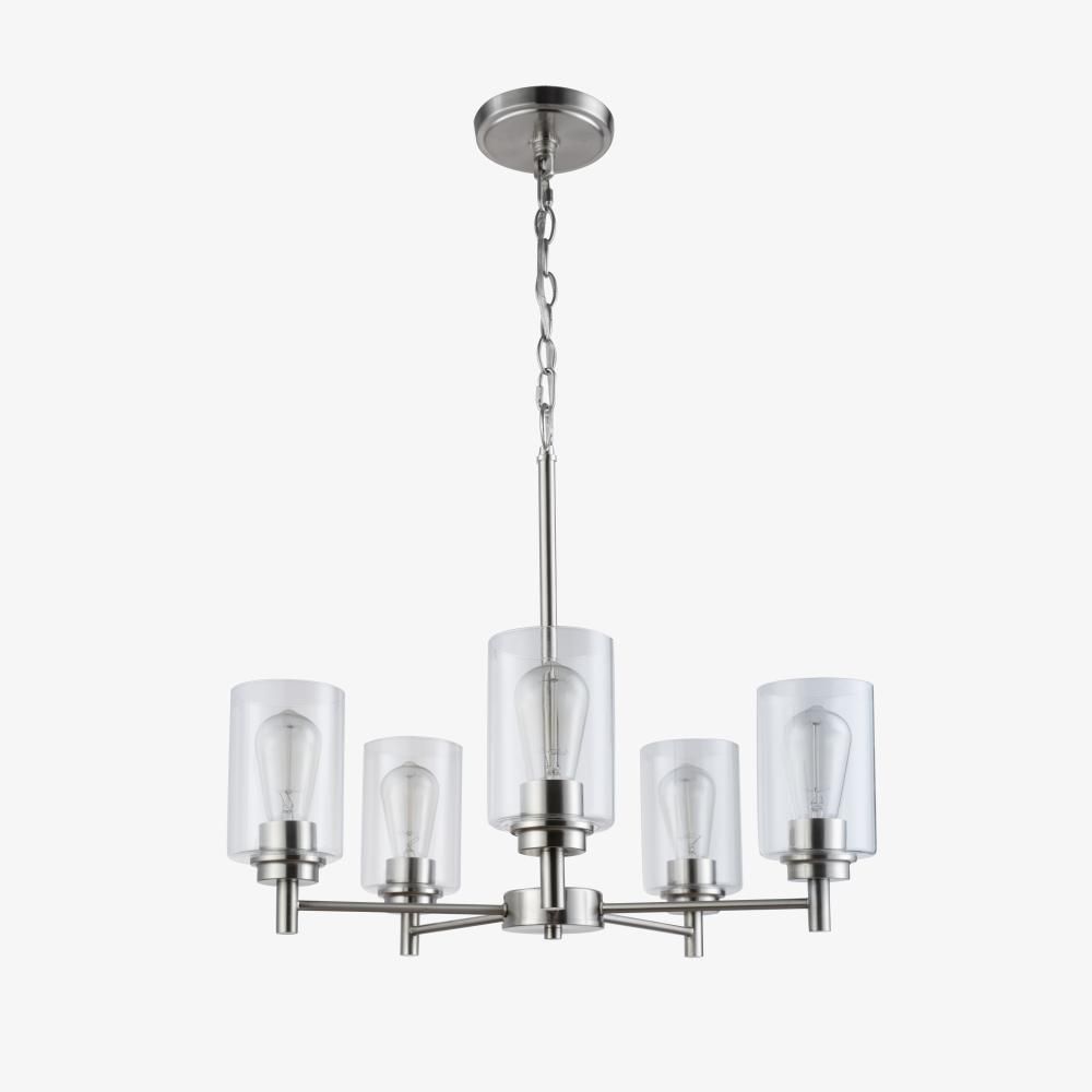 Modern 5 Light Chandelier Nickel Finish Clear Cylinder Glass