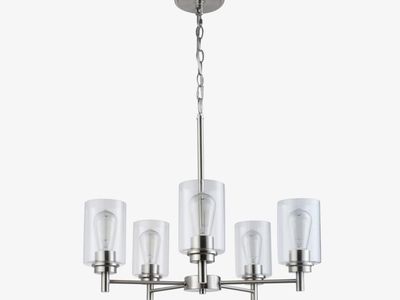 Modern 5 Light Chandelier Nickel Finish Clear Cylinder Glass