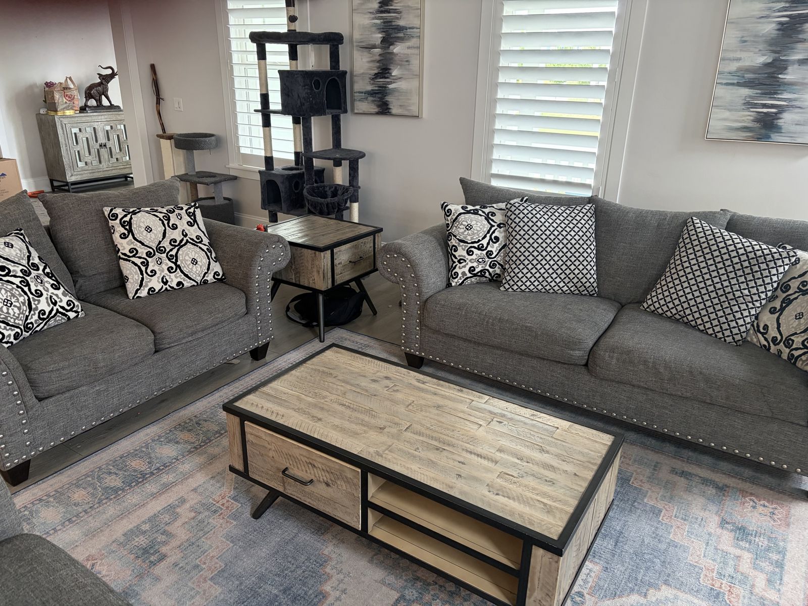 Gray Upholstered Sofa and Loveseat Set with Nailhead Trim - Modern Farmhouse Style