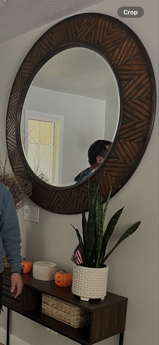 Large Round Wood Wall Mirror with Chevron Pattern Frame (48” Diameter)