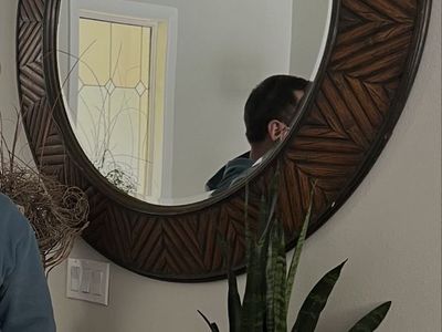 Large Round Wood Wall Mirror with Chevron Pattern Frame (48” Diameter)