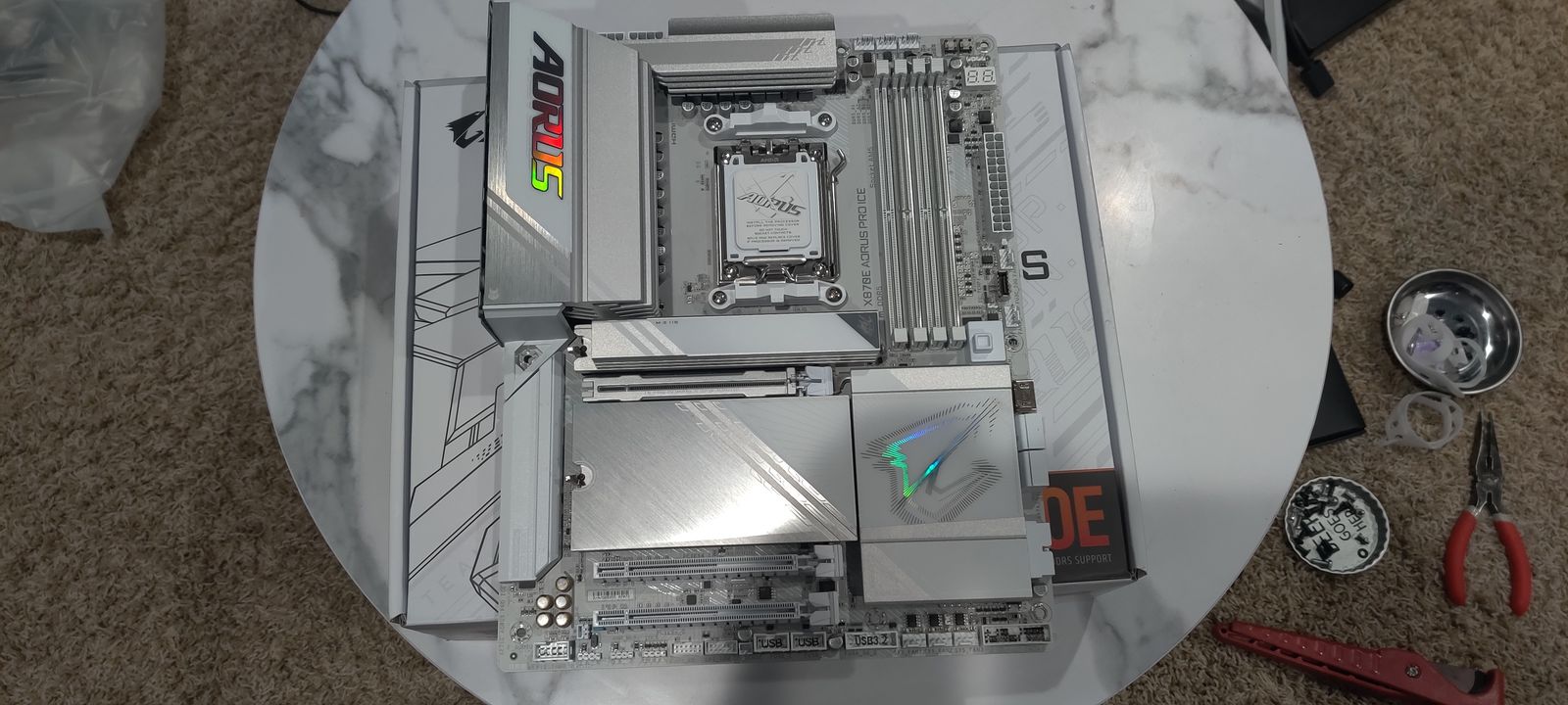 Gigabyte x870E Aorus Pro Ice Gaming motherboard, luxury, high end, white, amd, am5