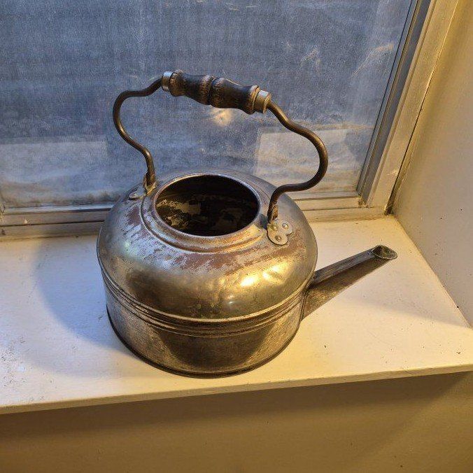 Vintage Metal Kettle with Wood Handle - Rustic Farmhouse Decor
