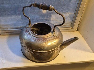 Vintage Metal Kettle with Wood Handle - Rustic Farmhouse Decor