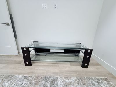 Contemporary Glass & Metal 58" TV Stand with Two-Tiered Shelves & Silver Accents