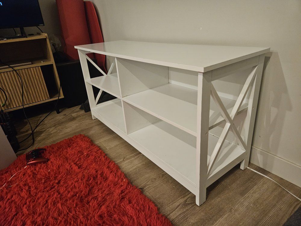 White Wood TV Stand / Media Console with Shelves & Cable Management
