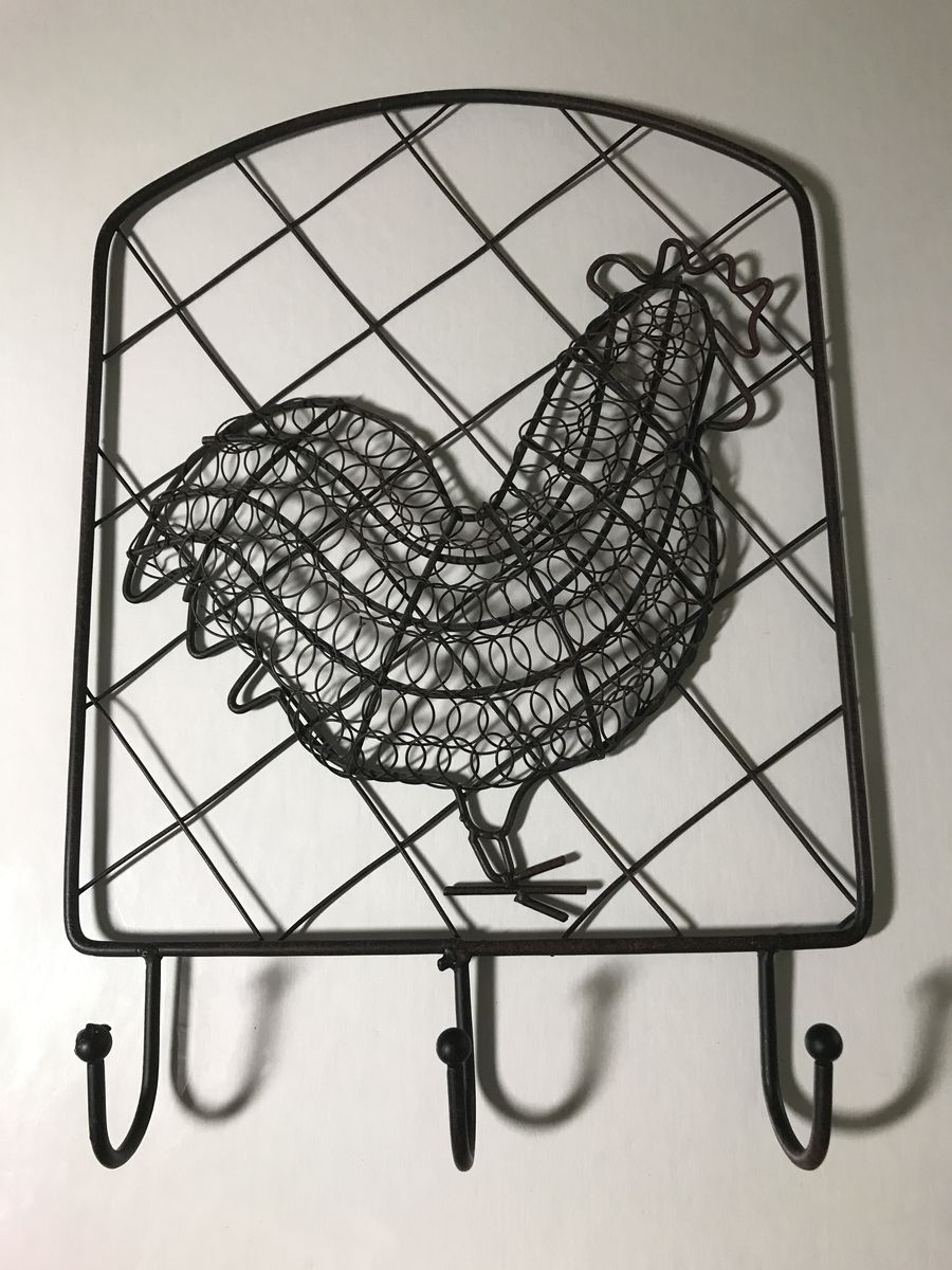 VTG Rooster Metal & Wire Chicken 10” X 14” Hooks for Hanging Potholders Keys Farmhouse Or 