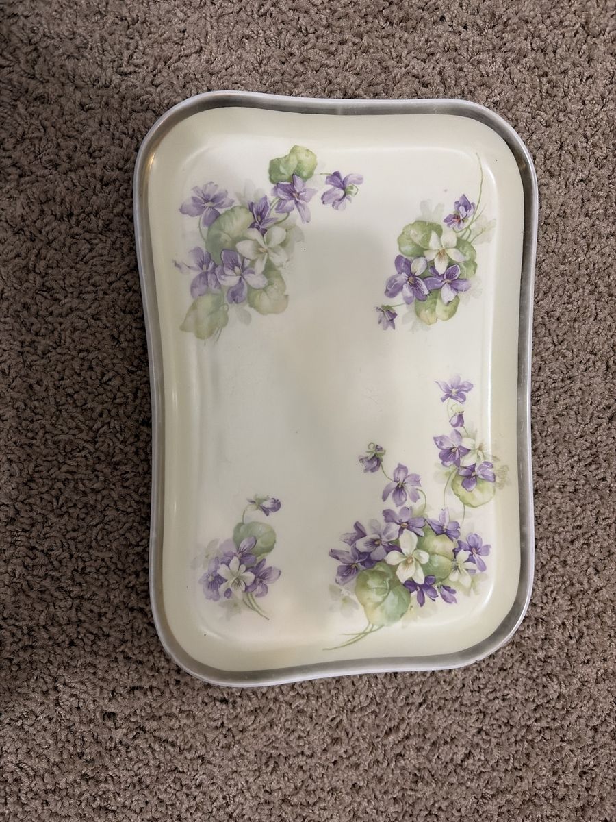 Vintage Porcelain Vanity Tray with Purple and White Hand painted Floral Design - Good Condition