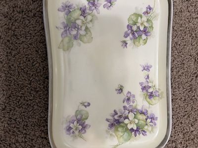 Vintage Porcelain Vanity Tray with Purple and White Hand painted Floral Design - Good Condition