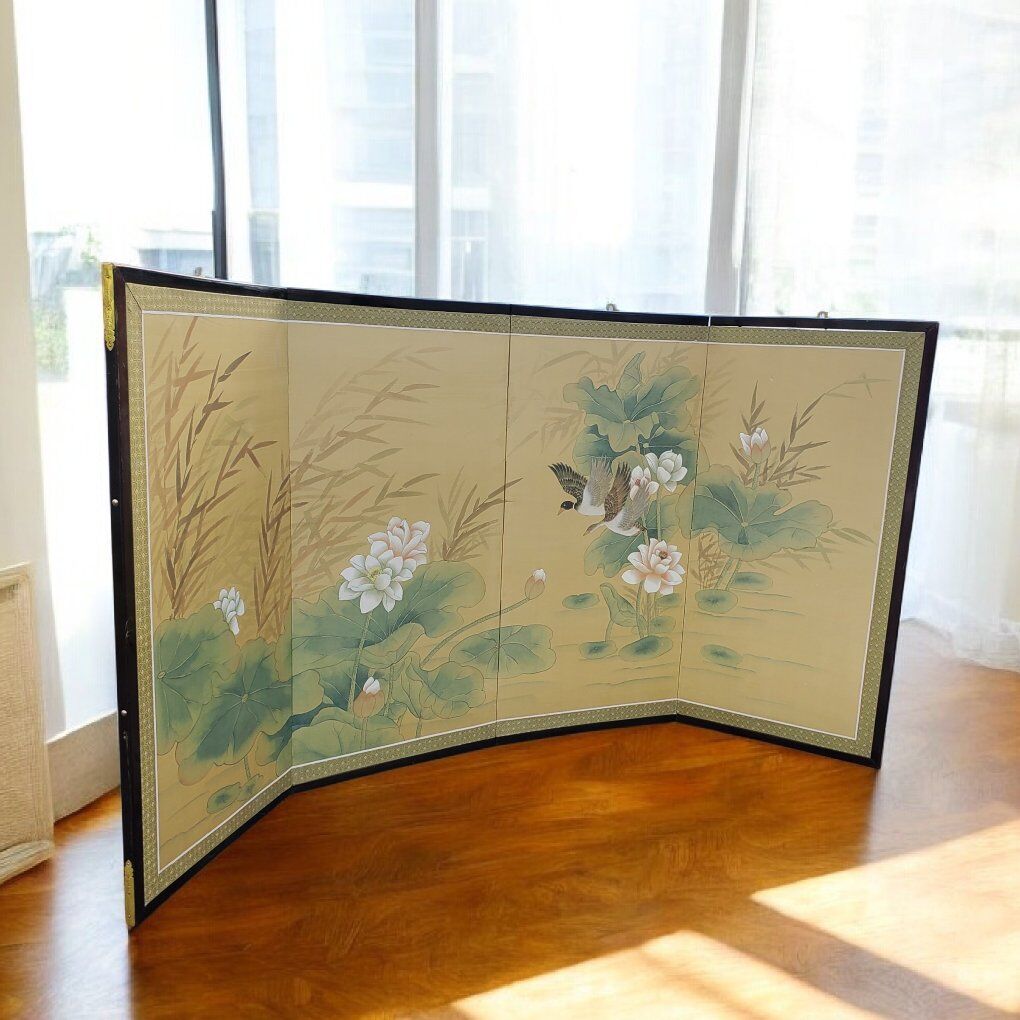 Vintage Oriental 4 Panel Silk Screen Chinoiserie