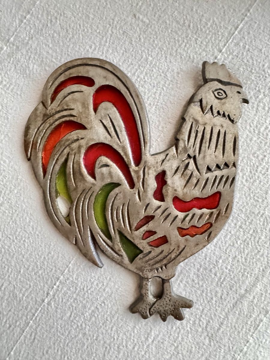 Vintage 1986 Metal Rooster Trivet with Red and Green Enamel Accents