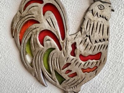 Vintage 1986 Metal Rooster Trivet with Red and Green Enamel Accents