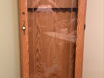 Lighted Oak Wood Gun Cabinet with Glass Door and Etched Deer Design