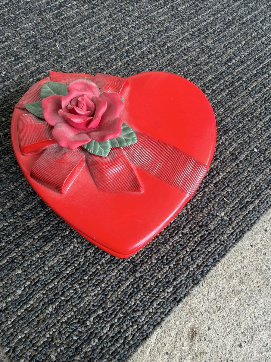 Teleflora Ceramic Heart Shaped Box with Rose & Ribbon, Red, Made in Philippines, 6 inch