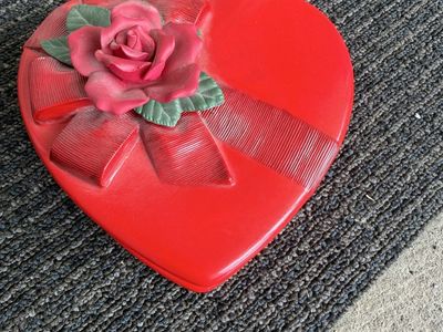 Teleflora Ceramic Heart Shaped Box with Rose & Ribbon, Red, Made in Philippines, 6 inch