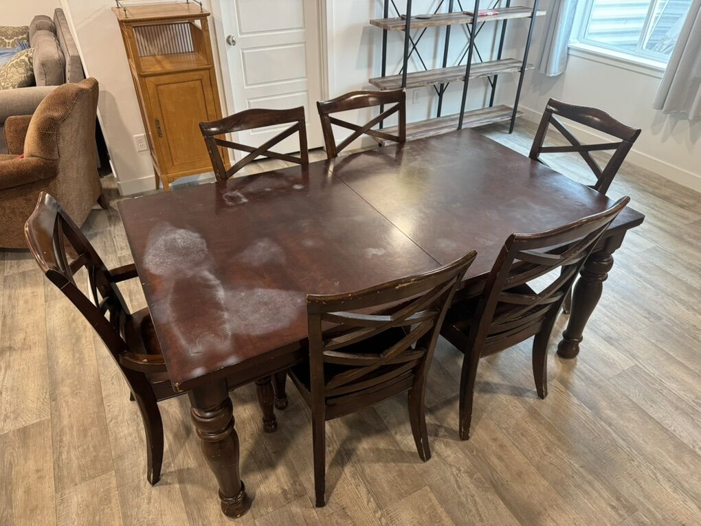 Dark Wood Expanding Table W/ 7 Chairs Steam Spots