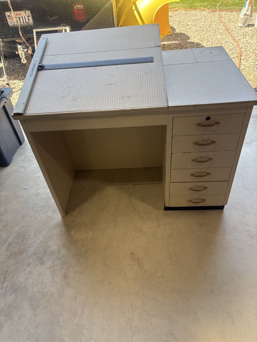 Vintage Drafting Desk with Tilting Top, Grid Surface, and Attached Drawers