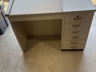 Vintage Drafting Desk with Tilting Top, Grid Surface, and Attached Drawers