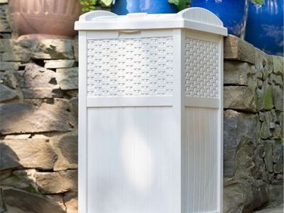 White Resin Wicker Outdoor Trash Can or Storage Bin