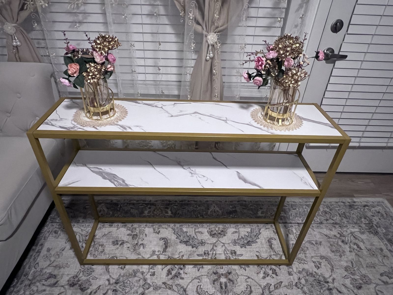 Console Table Faux Marble White/Gold 2-Tier Modern Entryway Sofa Table