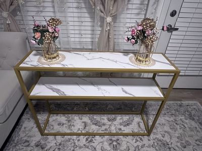 Console Table Faux Marble White/Gold 2-Tier Modern Entryway Sofa Table