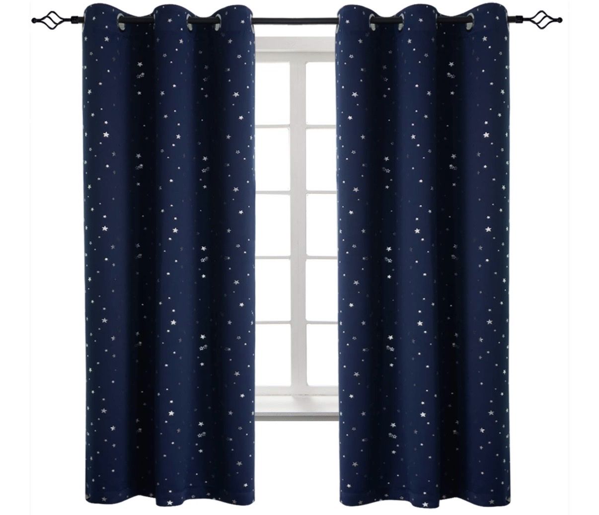 Navy Blue Star Pattern Blackout Curtains with Silver Grommet Top - Set of 2 Panels