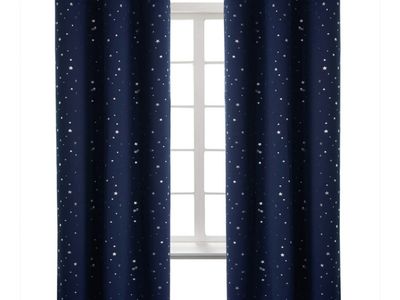 Navy Blue Star Pattern Blackout Curtains with Silver Grommet Top - Set of 2 Panels