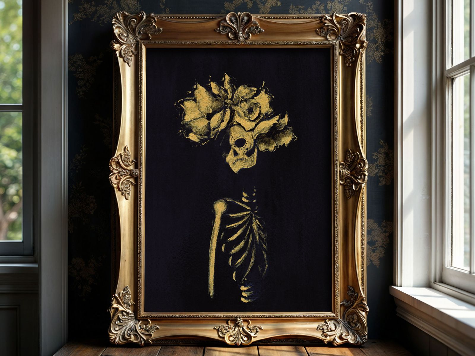 Floral Skull Art Print: Gold Skeleton Crown - Gothic Halloween Decor