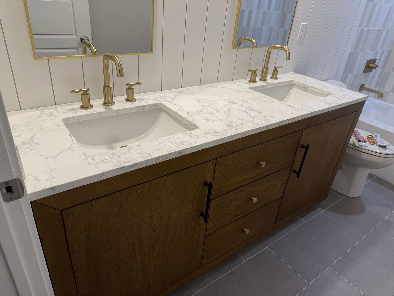 Brand New in Box- Custom Wood Double Vanity with Quartz Countertop