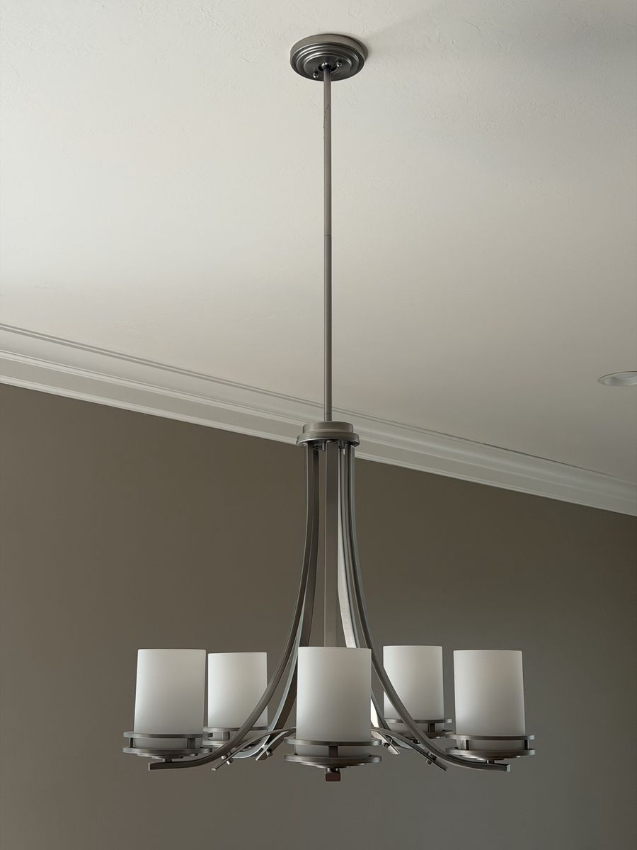 Modern Brushed Nickel Chandelier with matching pair for over counter - Frosted Glass Shades