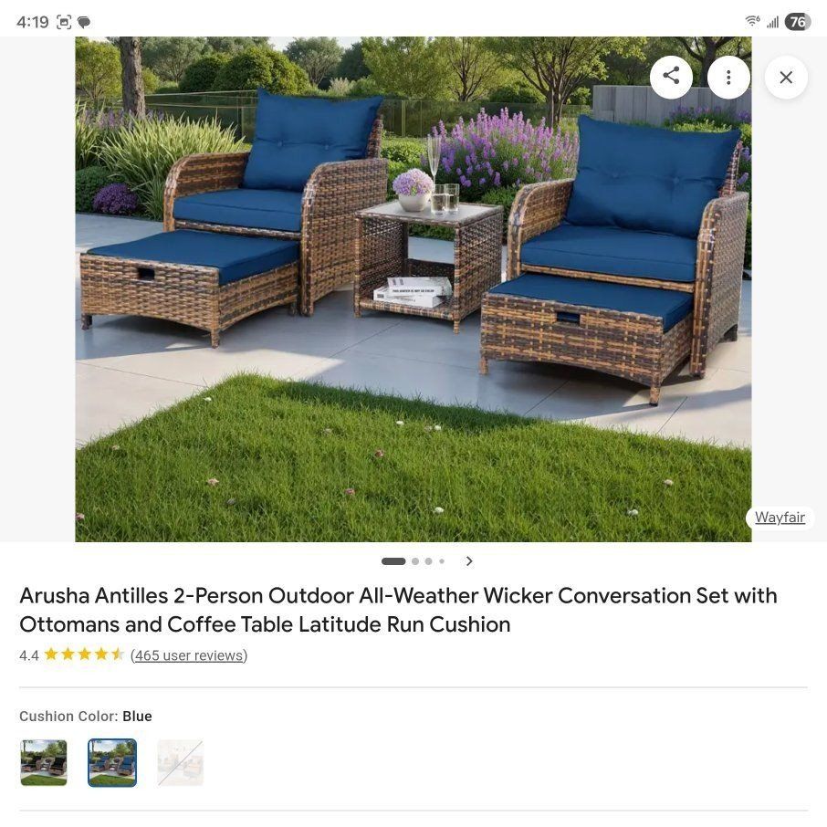 Arusha Antilles Outdoor 2-Person Wicker Conversation Set w/ Ottomans, Coffee Table & orange Cushions
