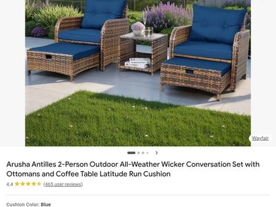 Arusha Antilles Outdoor 2-Person Wicker Conversation Set w/ Ottomans, Coffee Table & orange Cushions