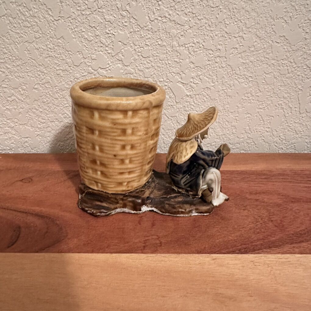 Vintage Ceramic Planter Pencil Holder Fisherman
