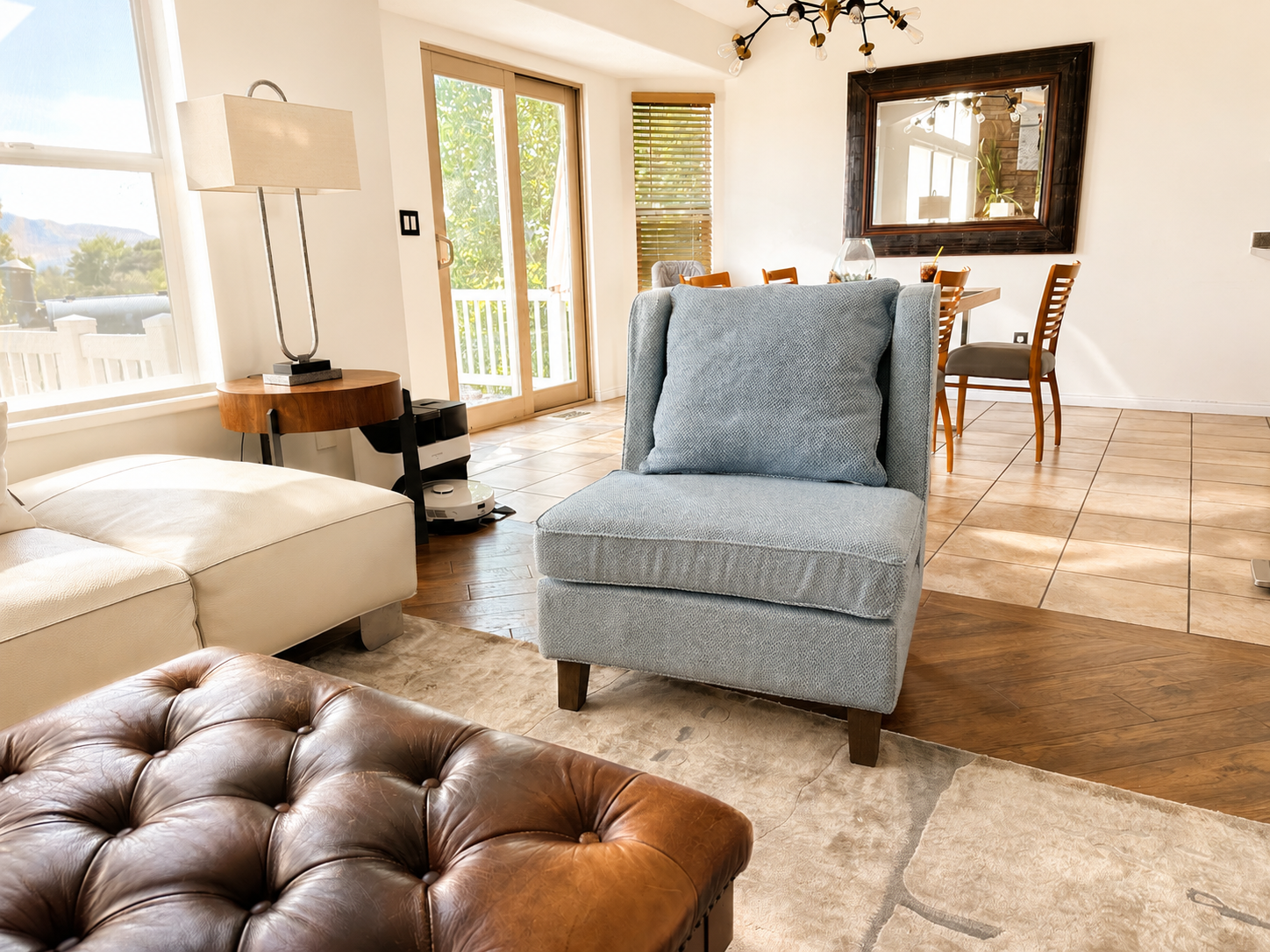 Light Blue Armless Accent Chair – Wingback Style with Throw Pillow