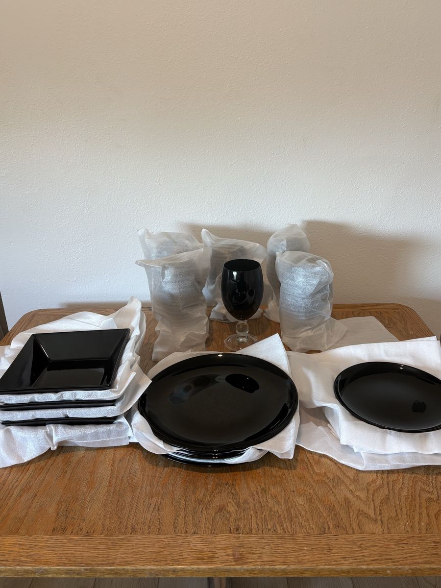 Black Dinnerware Set with Plates, Bowls, and Wine Glasses